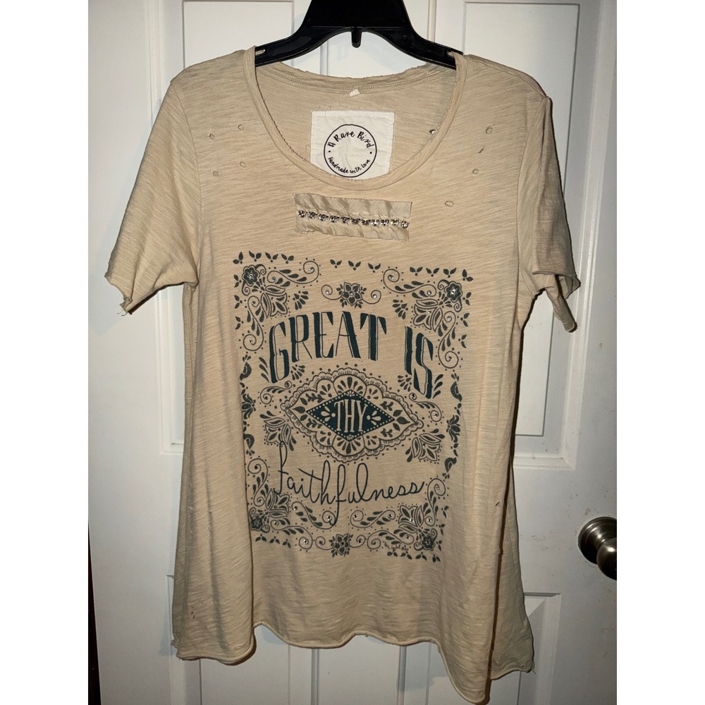 A Rare Bird Great Is Thy Faithfulness Distressed Graphic Tee Tan Small NWT